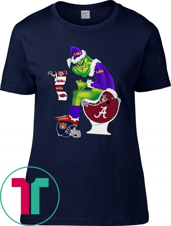 Grinch Santa LSU sitting on Alabama Crimson Tide Toilet Christmas T-Shirts