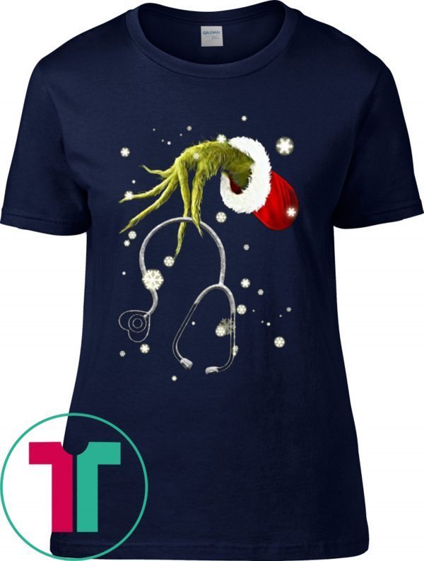 Grinch Hand Hold Stethoscope Nurse Christmas T-Shirt