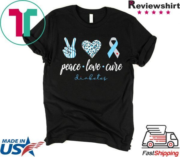 Peace Love Cure Grey Blue Ribbon Type 1 Diabetes Awareness Tee Shirt