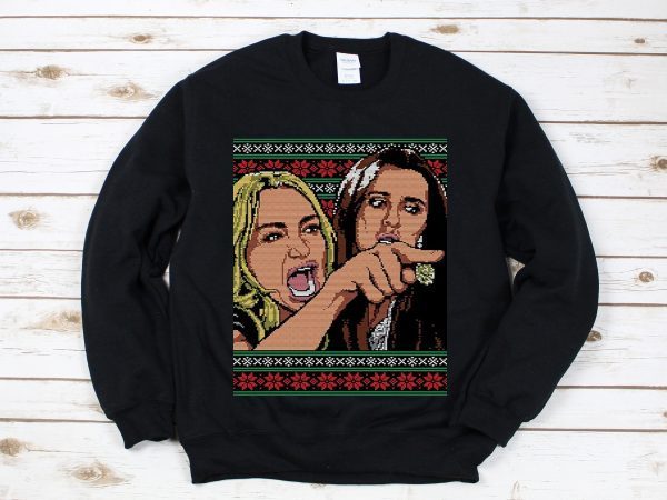 Woman Yelling at Cat Meme Ugly Christmas Sweater Faux Cross Stitch T-Shirt