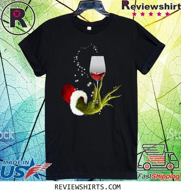 santa grinch hand holding wine glass t-shirt
