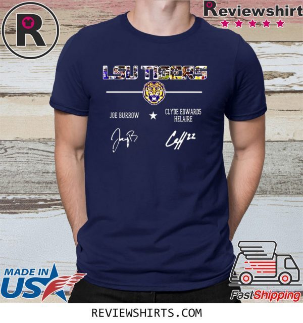 LSU Tigers Joe Burrow Clyde Edwards Helaire Signatures T-Shirt