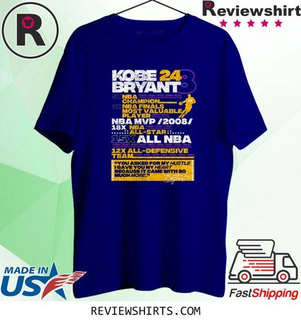 Kobe Bryant 24 8 5X NBA Champion 2X NBA Finals Most Valuable Tee Shirt