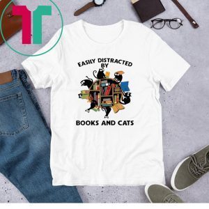 Librarian easily distracted by books and cats black tee shirt