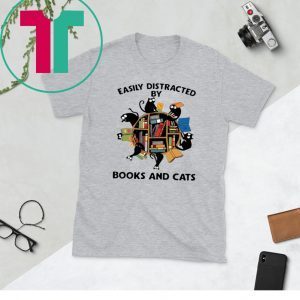 Librarian easily distracted by books and cats black tee shirt