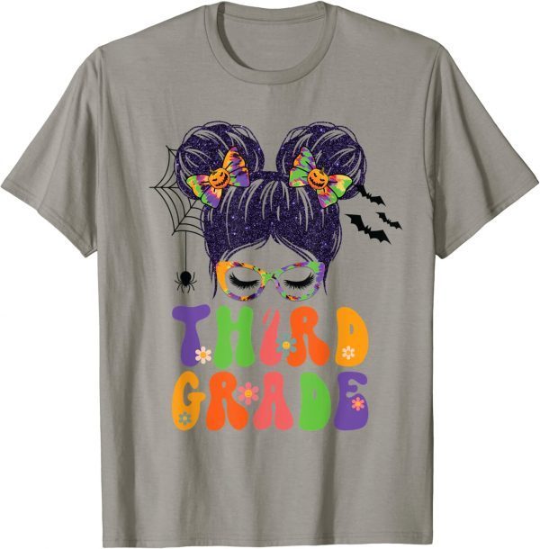 2022 Back To School Groovy 3rd Grade Halloween Vibes Messy Bun Shirt