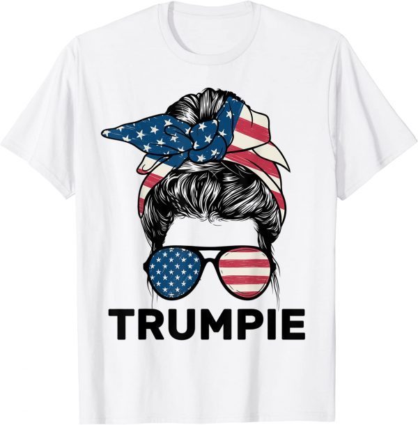 Trumpie Anti Biden Rally Wear Messy Hair Bun American Flag Tee Shirt