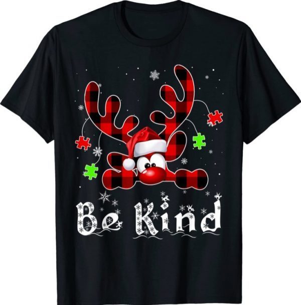 Be Kind Reindeer Red Plaid Puzzle Autism Awareness Christmas Tee Shirt