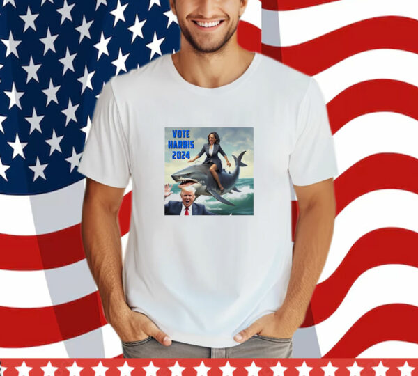 Vote Harris 2024 Donald Trump And Kamala Harris Riding A Shark T-Shirt