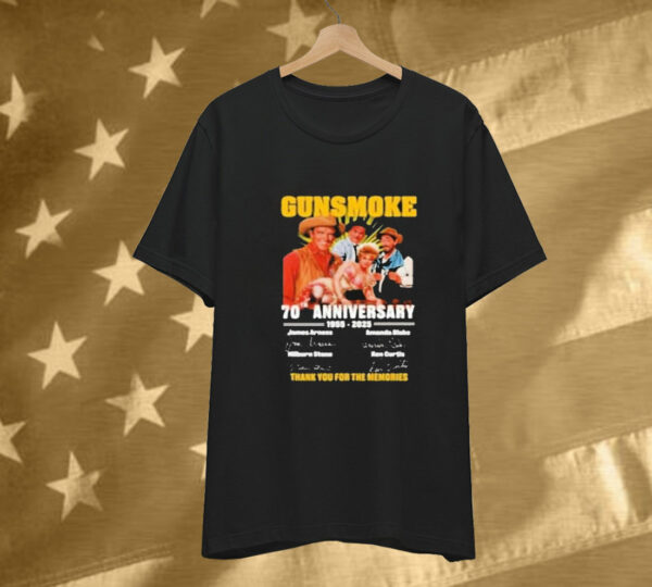 Gunsmoke 70th Anniversary 1955-2025 James Arness Amanda Blake Milburn Stone Ken Cuntis Thank You For The Memories Signatures Tee Shirt