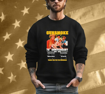 Gunsmoke 70th Anniversary 1955-2025 James Arness Amanda Blake Milburn Stone Ken Cuntis Thank You For The Memories Signatures Tee Shirt